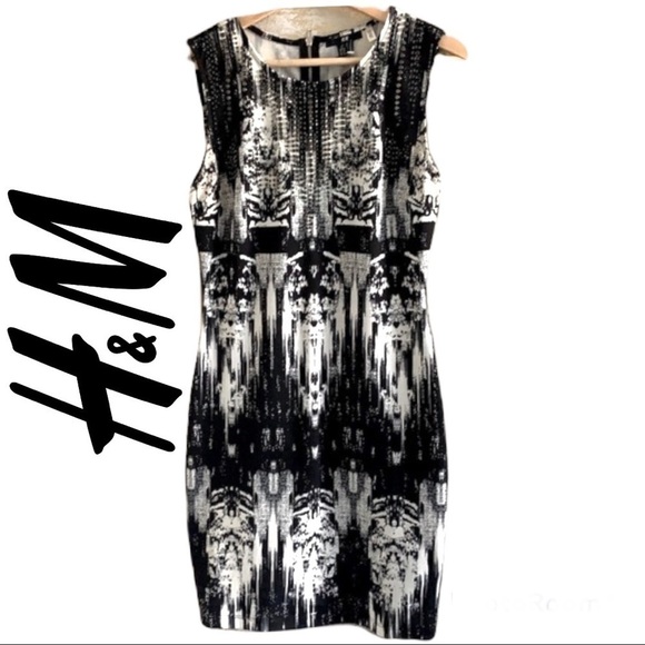 H&M Black & White Bodycon Stretch Shift Dress With Studs Size S - Picture 1 of 13
